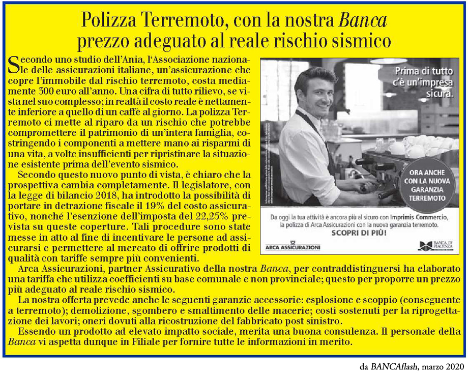 Polizza Terremoto, con la nostra Banca prezzo adeguato al reale rischio sismico