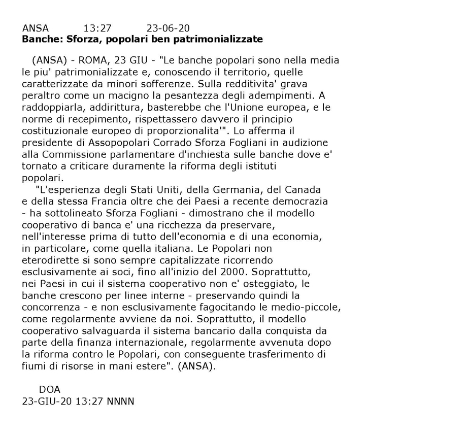 IL PRESIDENTE SFORZA FOGLIANI ALLA COMMISSIONE BANCHE