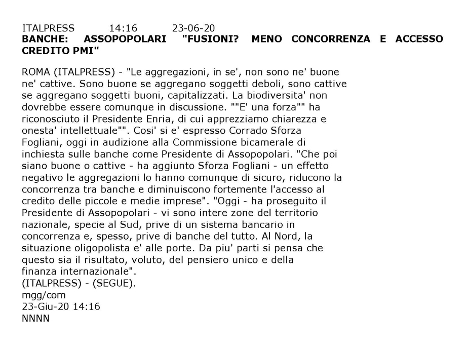 IL PRESIDENTE SFORZA FOGLIANI ALLA COMMISSIONE BANCHE