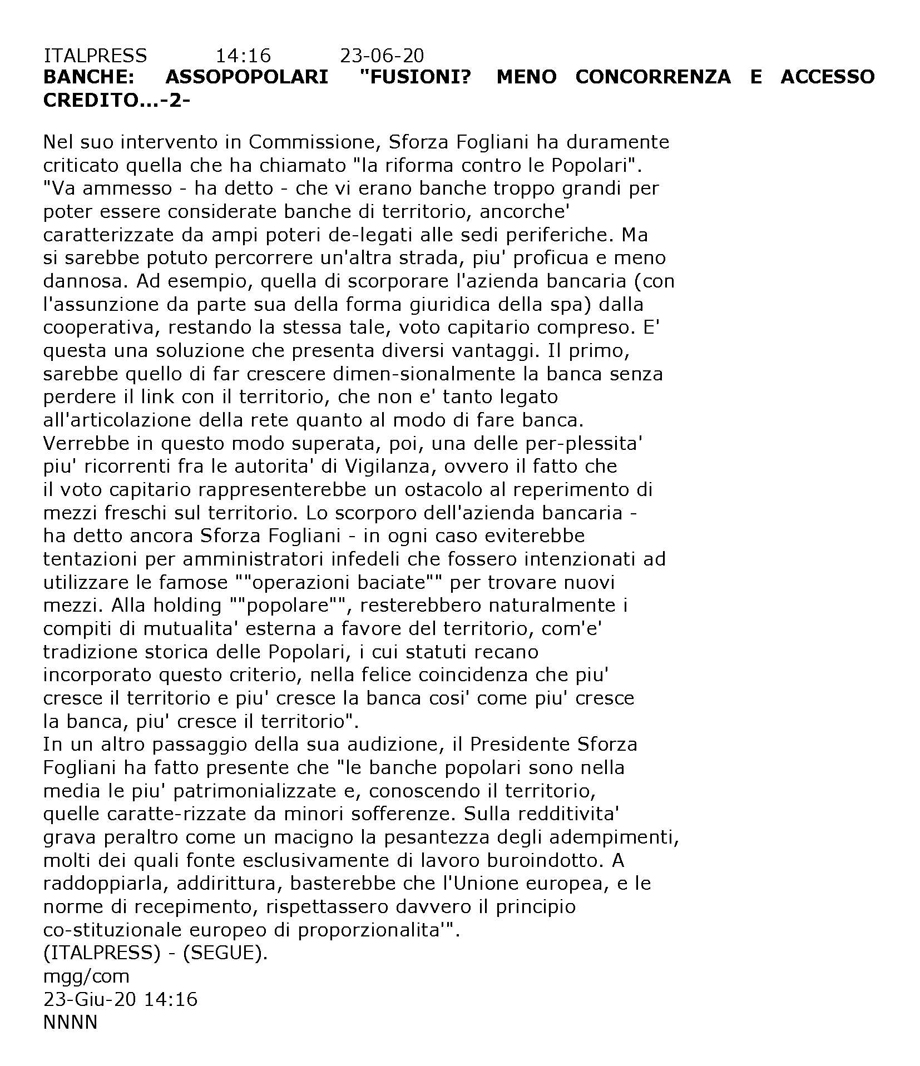 IL PRESIDENTE SFORZA FOGLIANI ALLA COMMISSIONE BANCHE