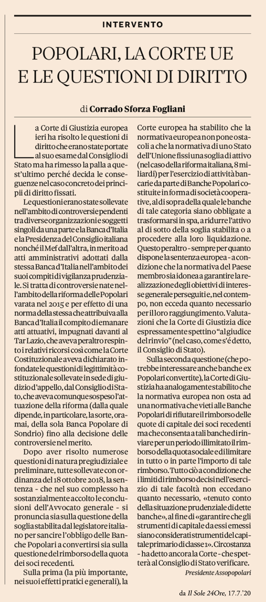 POPOLARI, LA CORTE UE E LE QUESTIONI DI DIRITTO