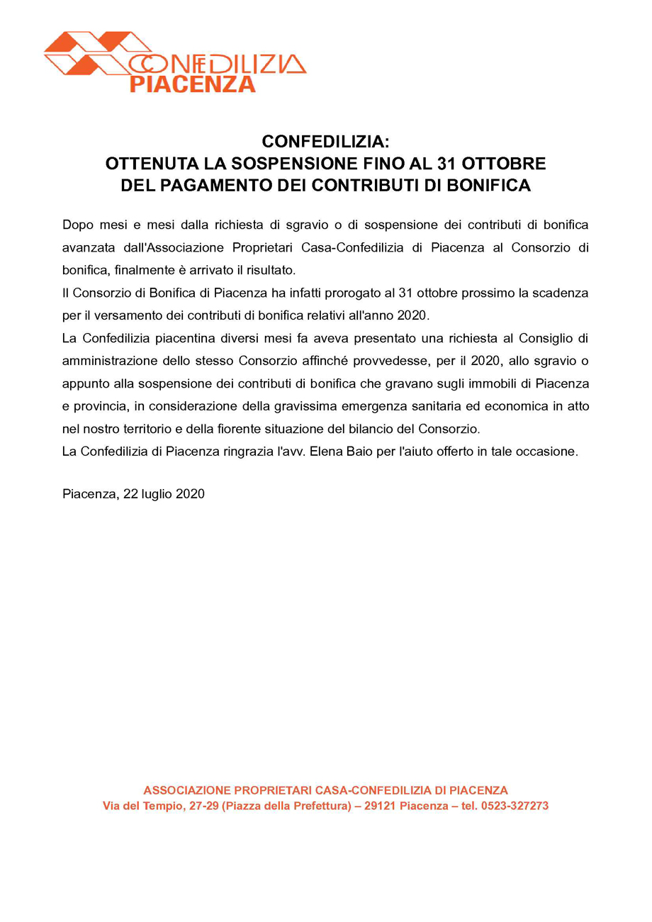 CONFEDILIZIA: OTTENUTA LA SOSPENSIONE FINO AL 31 OTTOBRE DEL PAGAMENTO DEI CONTRIBUTI DI BONIFICA