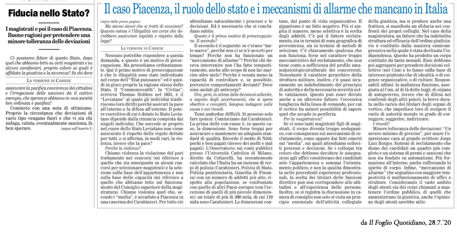 CARABINIERI IL CASO PIACENZA, IL RUOLO DELLO STATO