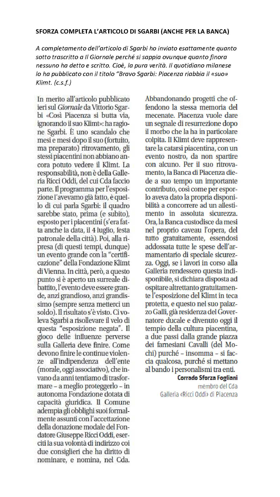 Intervento del Presidente Sforza