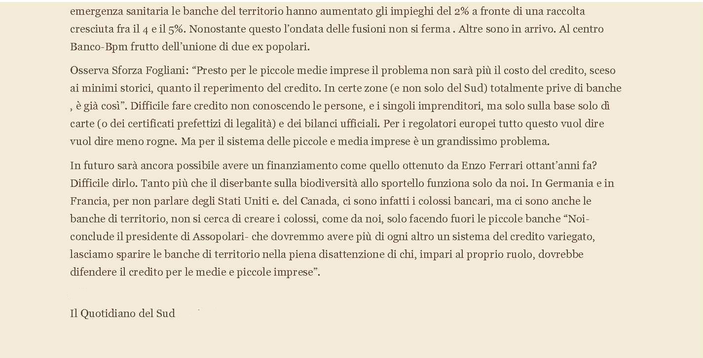 SFORZA AL QUOTIDIANO DEL SUD: PER LE PMI IL PROBLEMA SARÀ IL REPERIMENTO DEL CREDITO