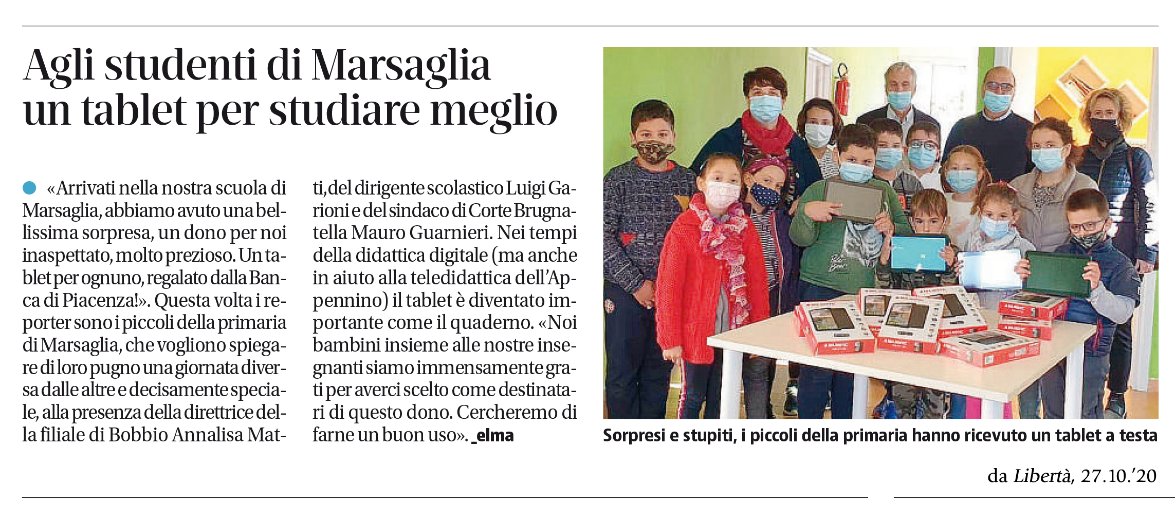 AGLI STUDENTI DI MARSAGLIA UN TABLET PER STUDIARE MEGLIO GRAZIE ALLA BANCA