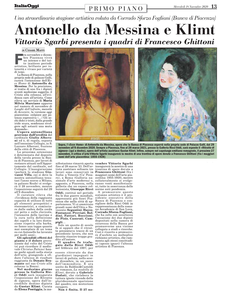 ANTONELLO DA MESSINA E KLIMT IN PRIMA PAGINA SU ITALIAOGGI