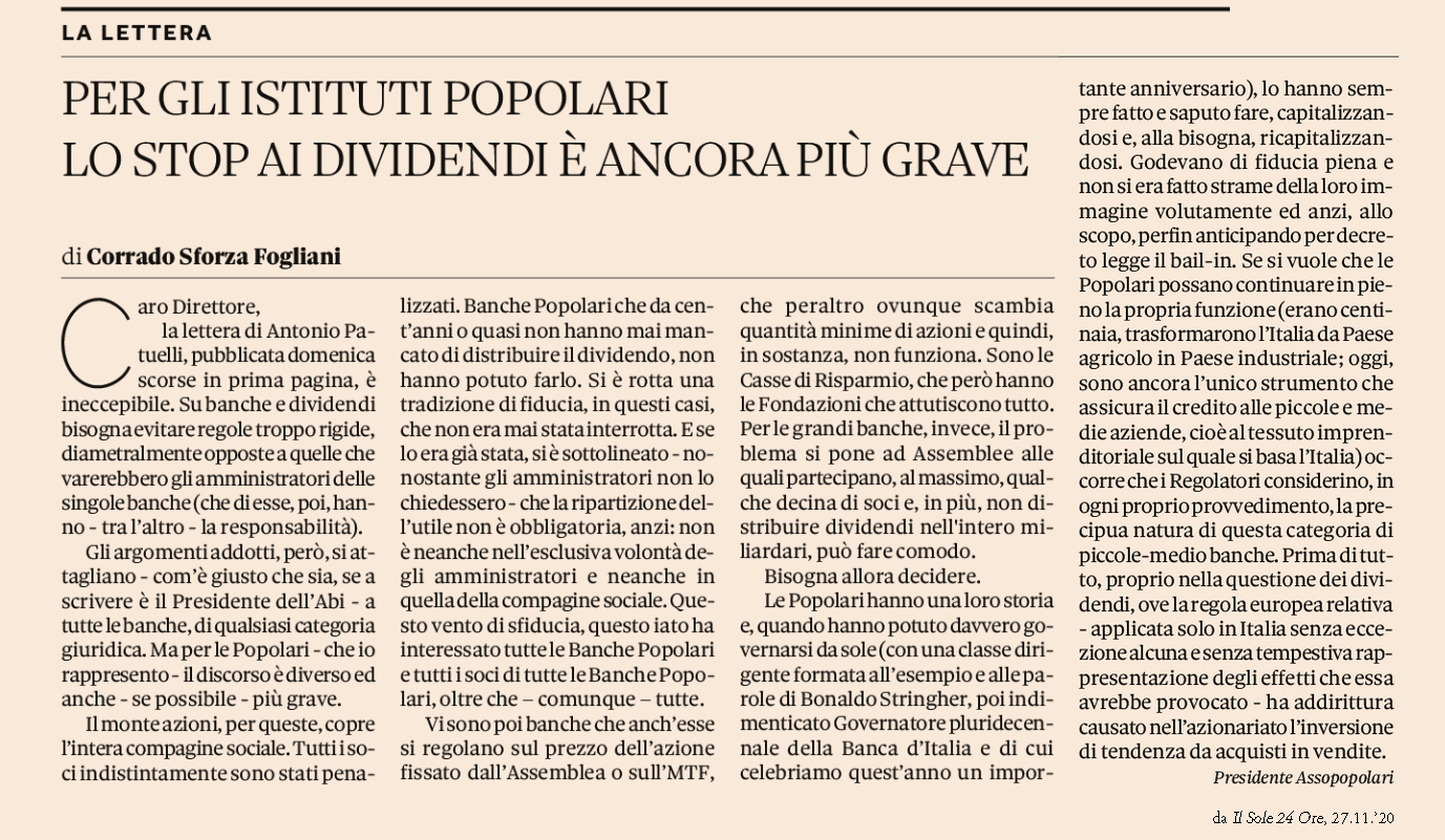 24ORE: SFORZA DIFENDE LE BANCHE DI TERRITORIO