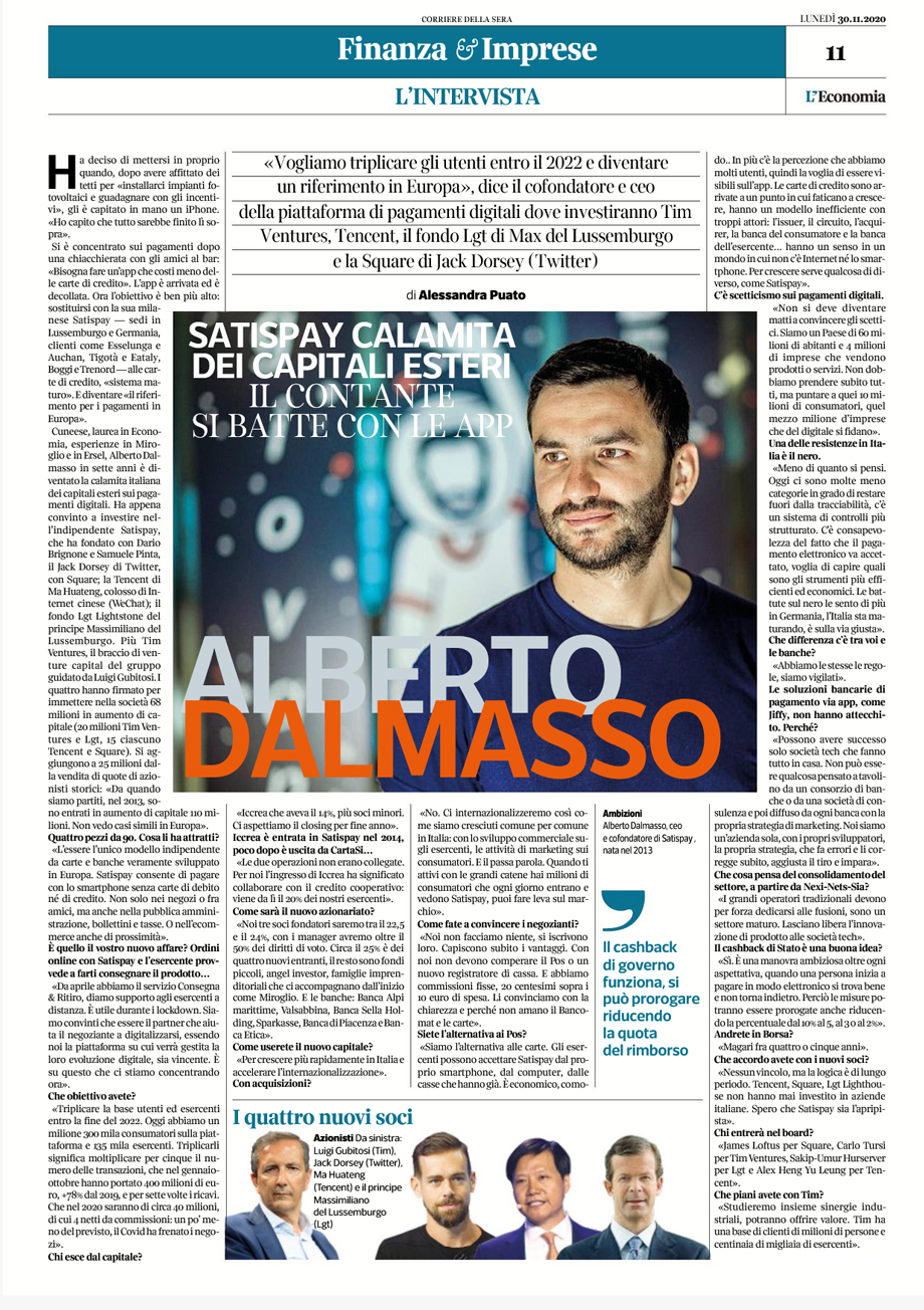 PRIMA PAGINA A DALMASSO SU L'ECONOMIA DEL CORSERA L'INTERVISTA AL FONDATORE DI SATISPAY, DI CUI LA B