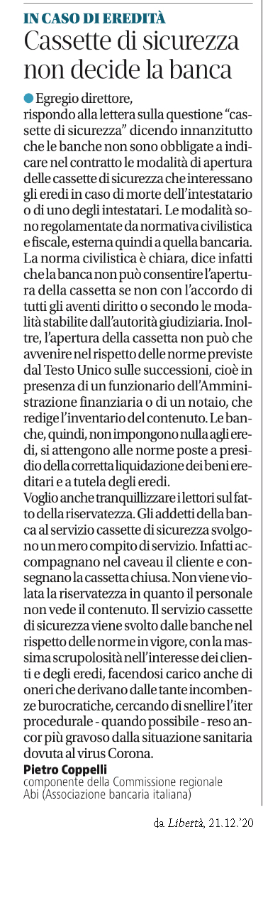 CASSETTE DI SICUREZZA NON DECIDE LA BANCA