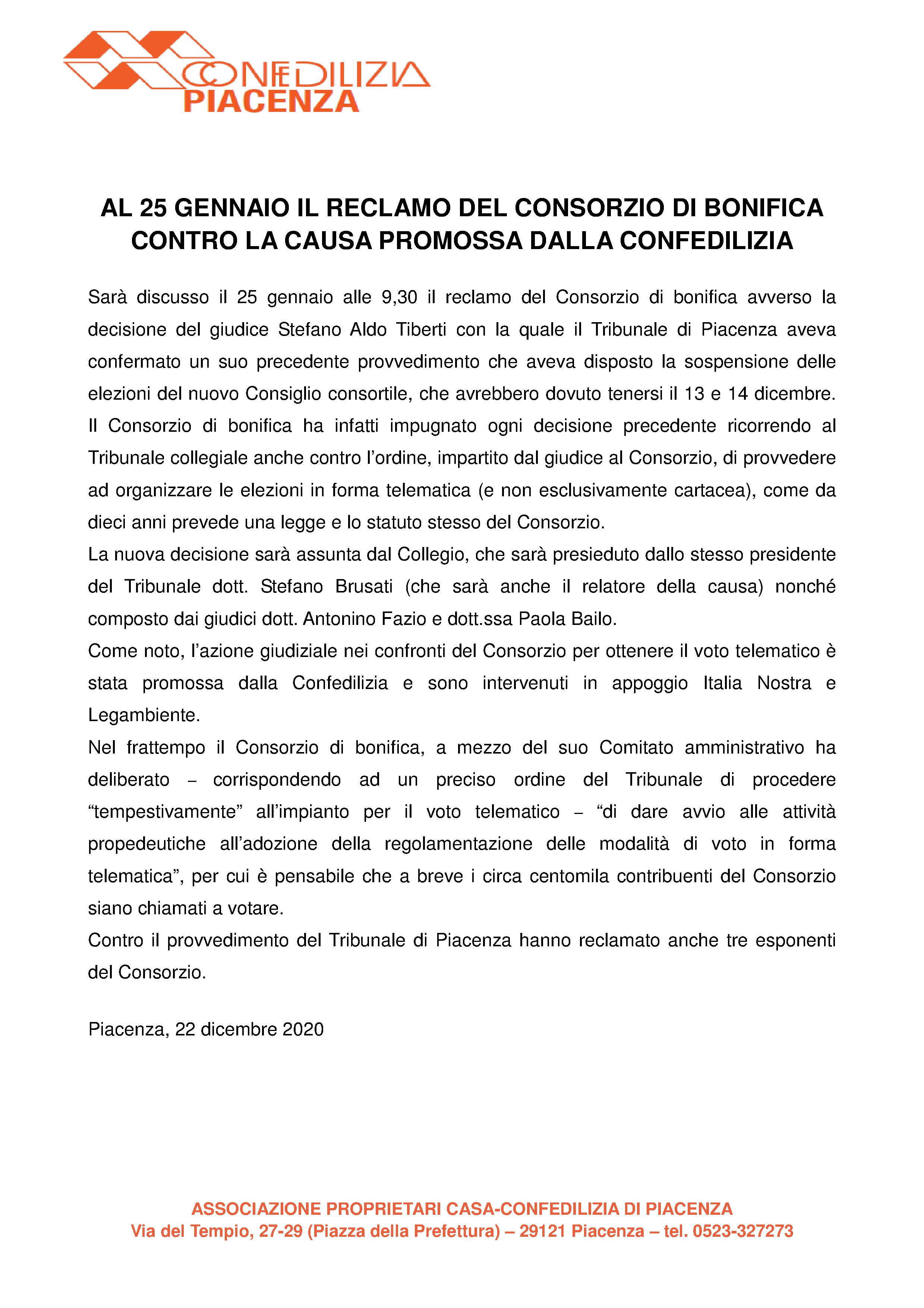 AL 25 GENNAIO IL RECLAMO DEL CONSORZIO DI BONIFICA CONTRO CONFEDILIZIA, ITALIA NOSTRA E LEGAMBIENTE