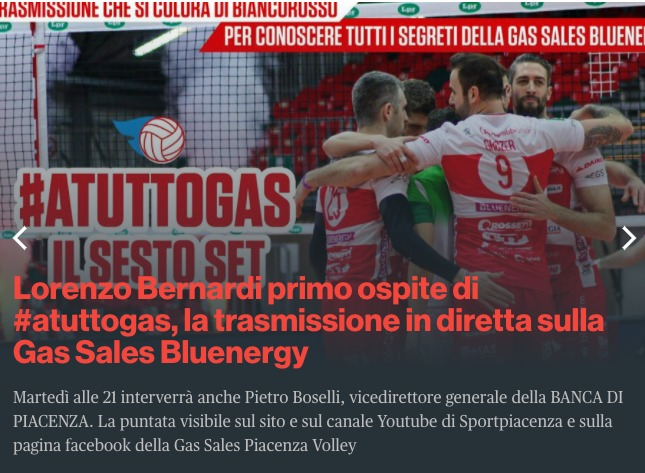 VOLLEY, GAS SALES BLUENERGY IL VICEDIRETTORE GENERALE BOSELLI OSPITE QUESTA SERA (h. 21) DELLA TRASM