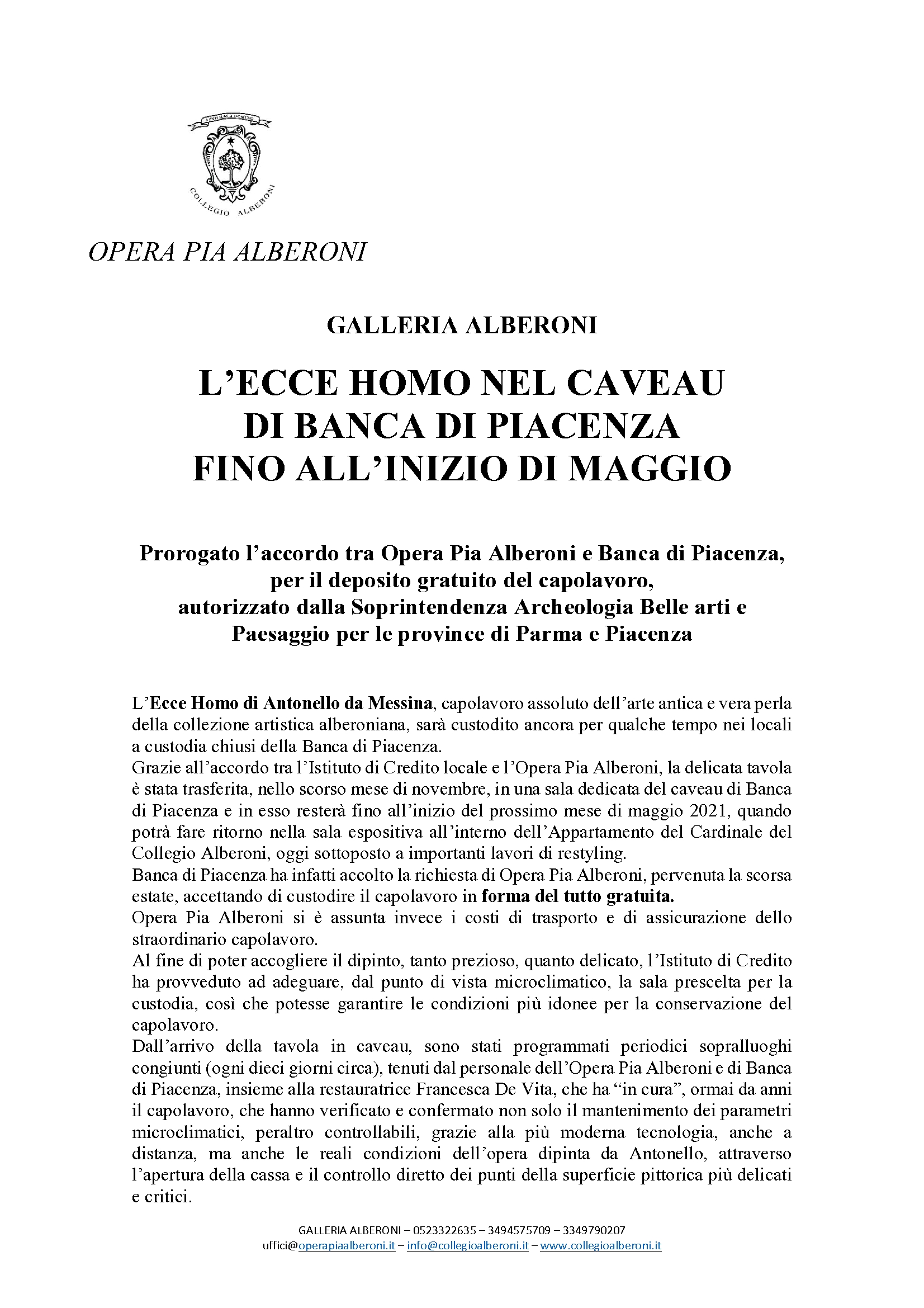 L'ECCE HOMO NEL CAVEAU DI BANCA DI PIACENZA FINO ALL'INIZIO DI MAGGIO