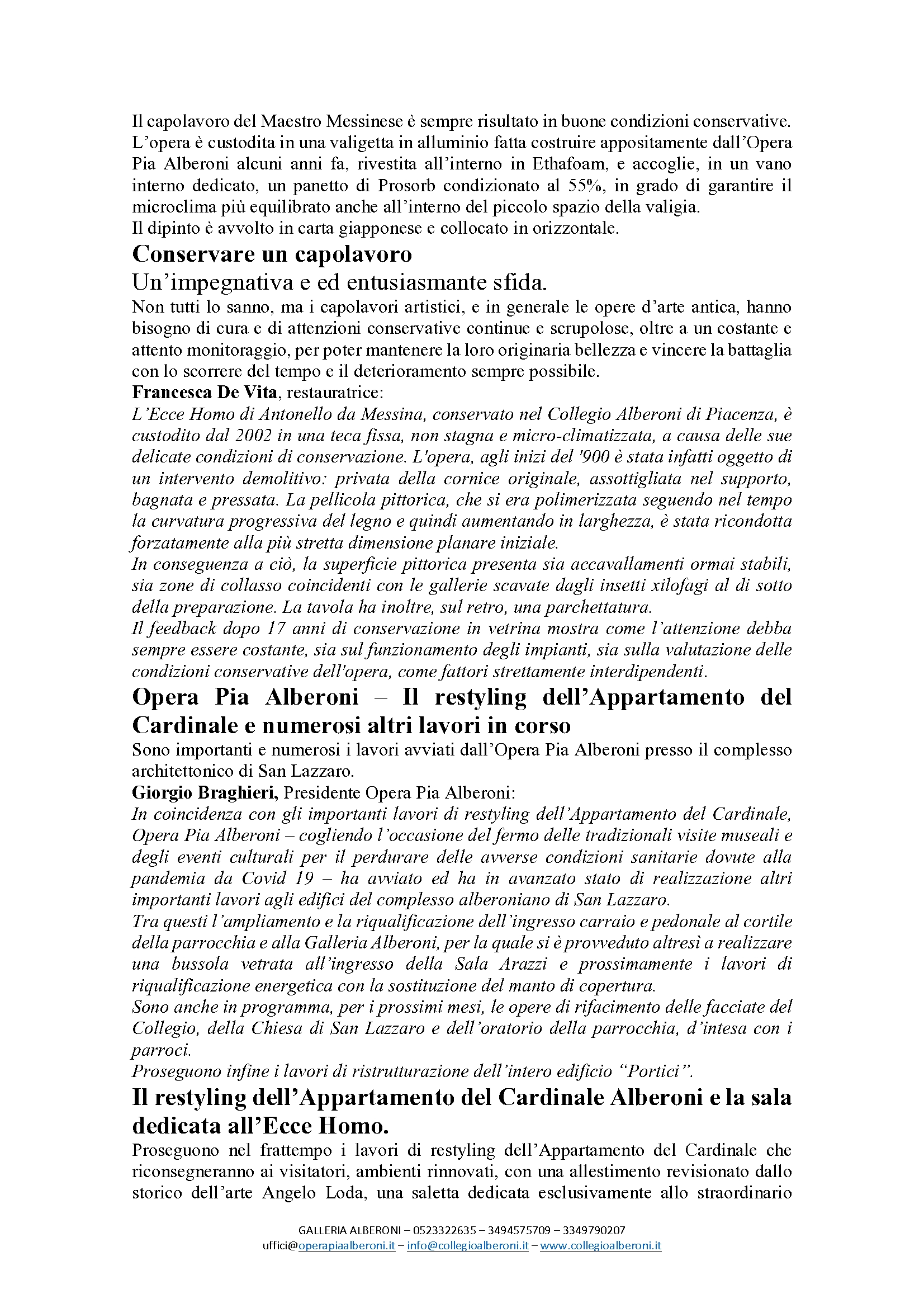 L'ECCE HOMO NEL CAVEAU DI BANCA DI PIACENZA FINO ALL'INIZIO DI MAGGIO