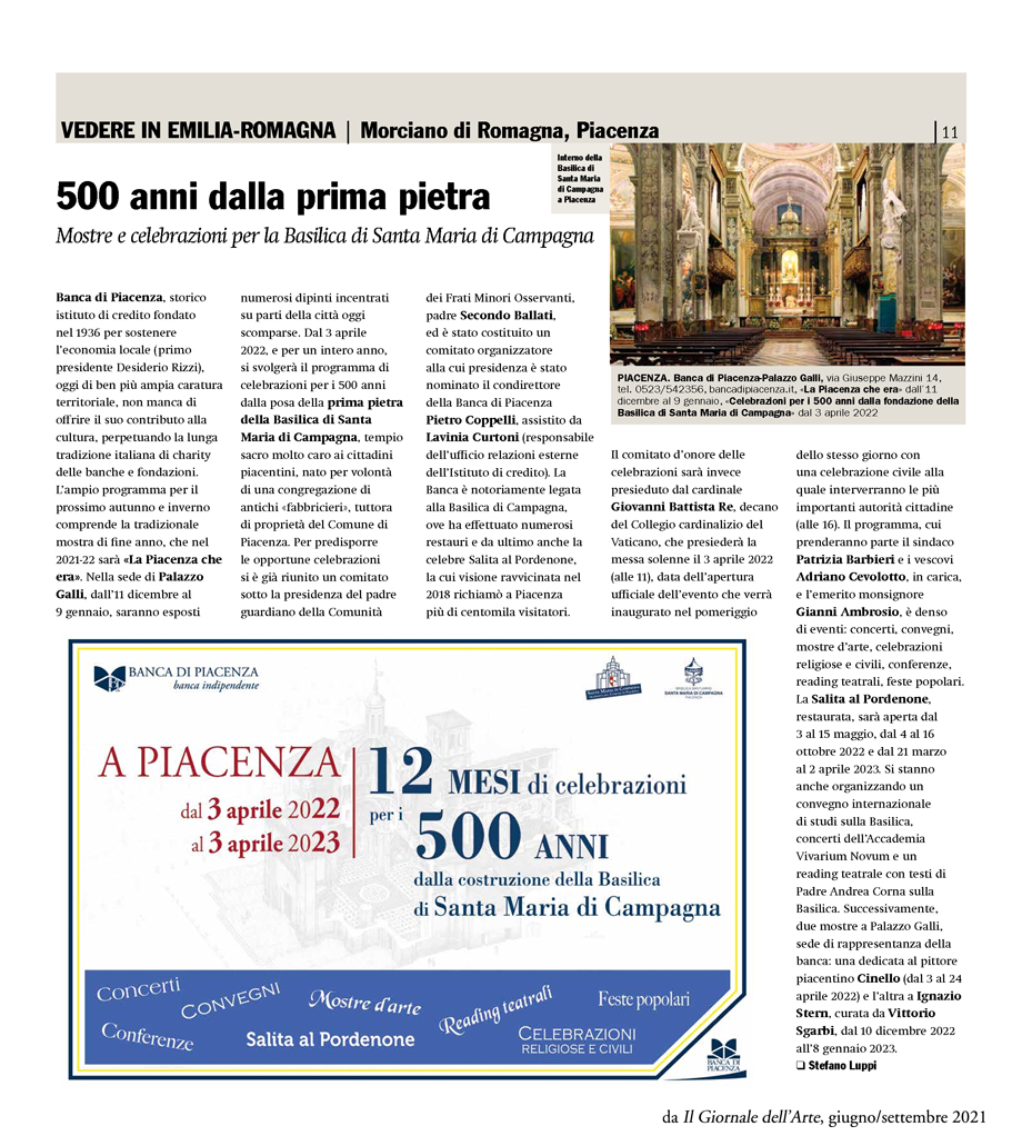 SUL GIORNALE DELL'ARTE, DODICI MESI DI CELEBRAZIONI PER I 500 ANNI DALLA PRIMA PIETRA DI SANTA MARIA