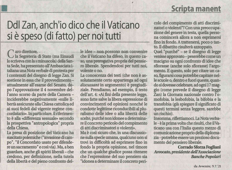 DDL ZAN, ANCH'IO DICO CHE IL VATICANO SI È SPESO (DI FATTO) PER NOI TUTTI