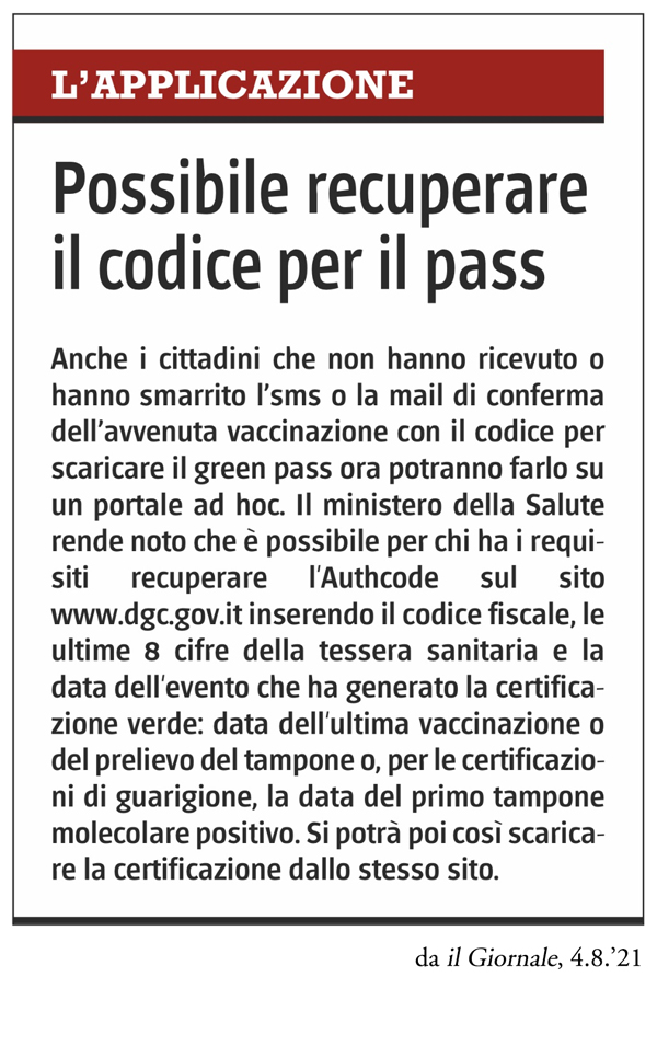 POSSIBILE RECUPERARE IL CODICE PER IL PASS