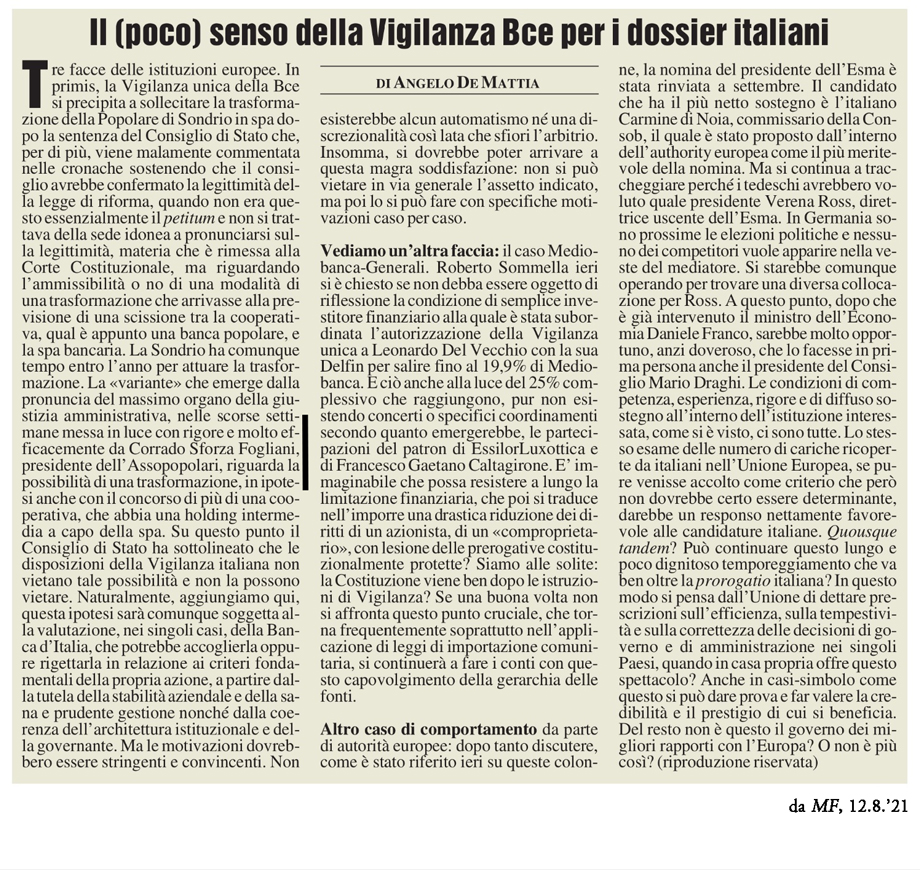 IL (POCO) SENSO DELLA VIGILANZA BCE PER I DOSSIER ITALIANI