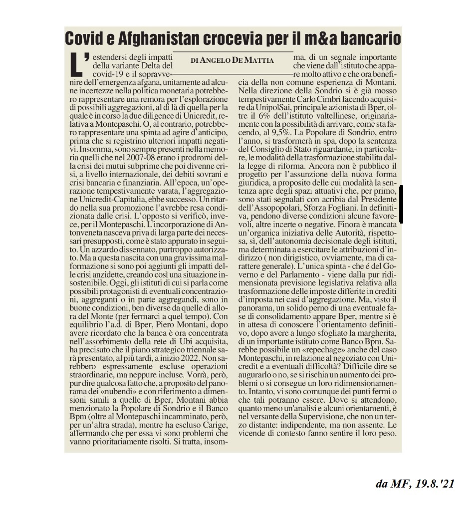 COVID E AFGHANISTAN CROCEVIA PER IL M&A BANCARIO