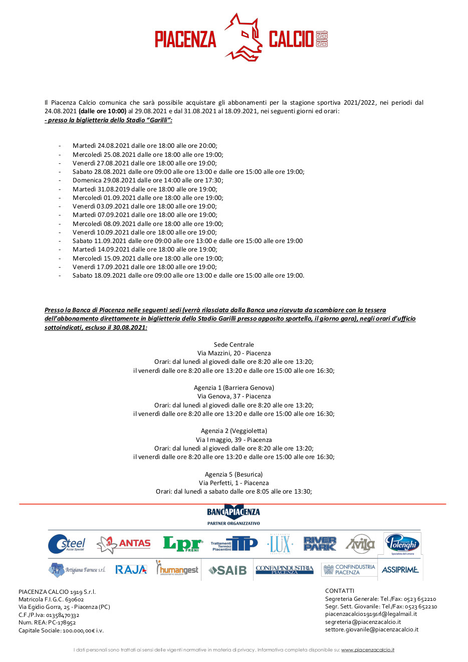 Piacenza campagna abbonamenti 21