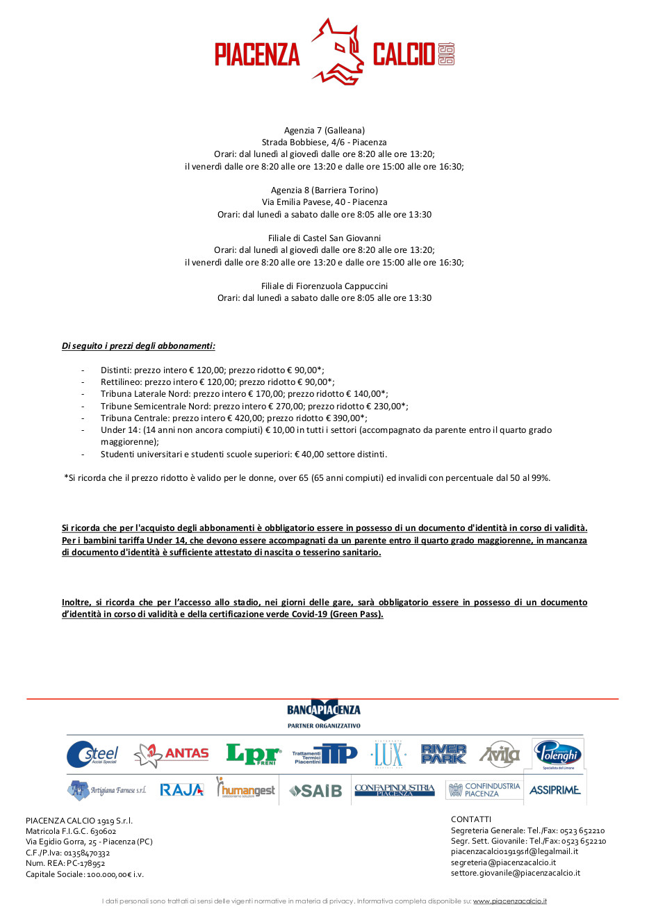 Piacenza campagna abbonamenti 21