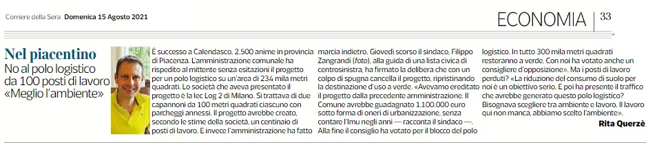 IL SINDACO PIACENTINO DI CALENDASCO SEGNALATO DAL CORSERA