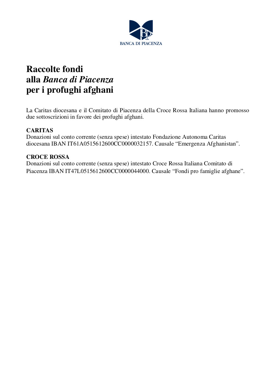 Raccolte fondi alla Banca di Piacenza per i profughi afghani