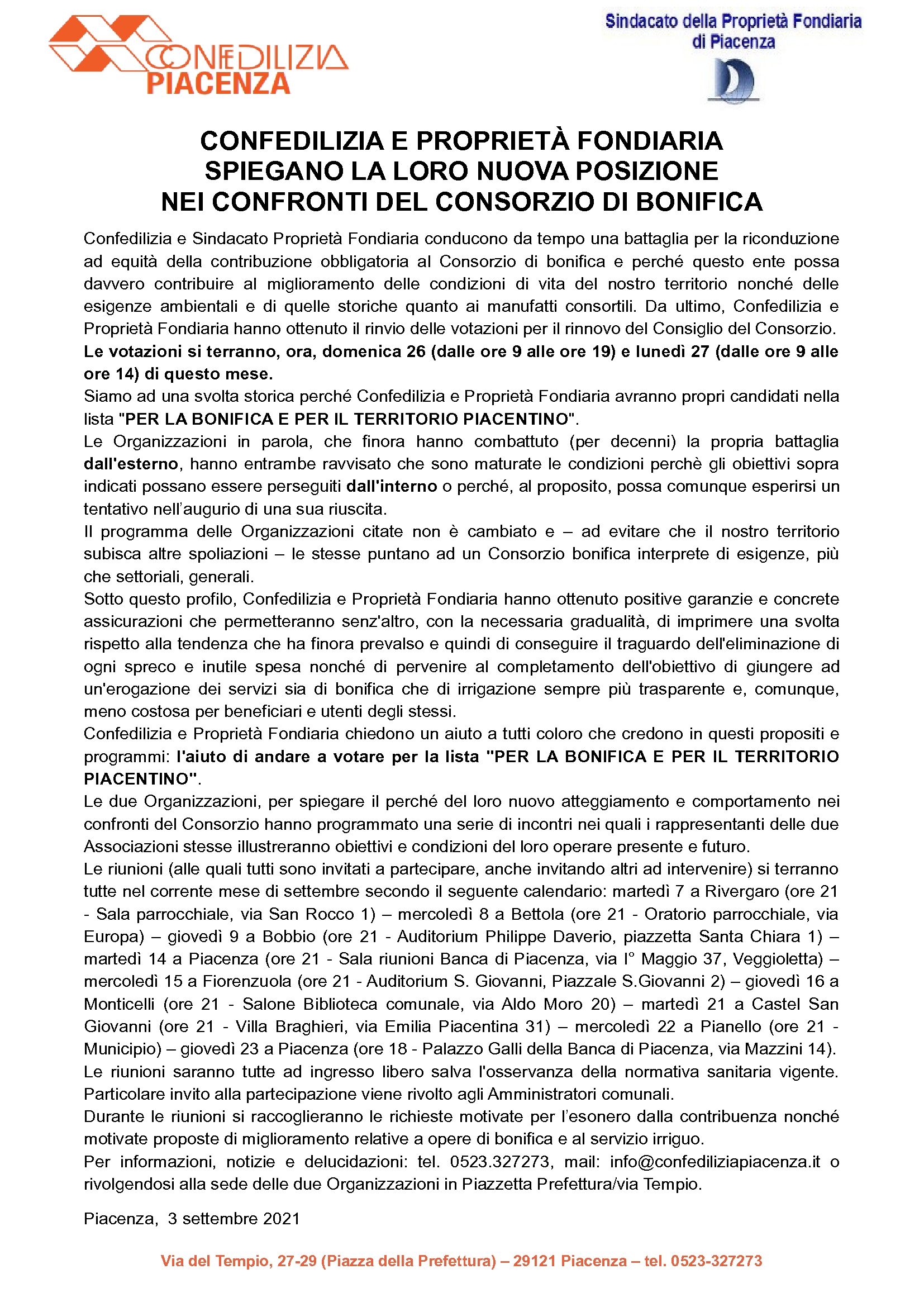 CONFEDILIZIA E PROPRIETÀ FONDIARIA SPIEGANO LA LORO NUOVA POSIZIONE NEI CONFRONTI DEL CONSORZIO DI B