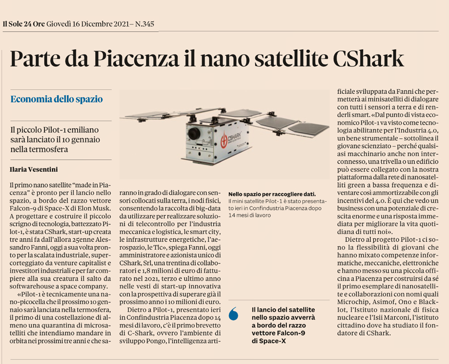 PARTE DA PIACENZA IL NANO SATELLITE CSHARK