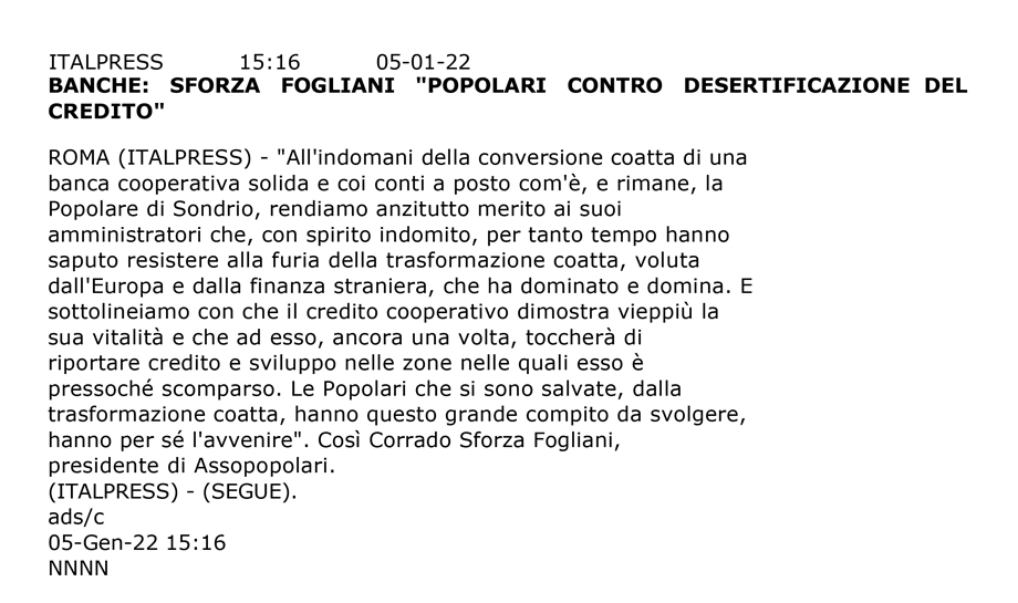 POPOLARI CONTRO LA DESERTIFICAZIONE DEL CREDITO