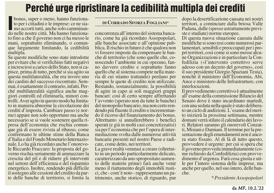 URGE RIPRISTINARE LA CEDIBILITà MULTIPLA DEI BONUS