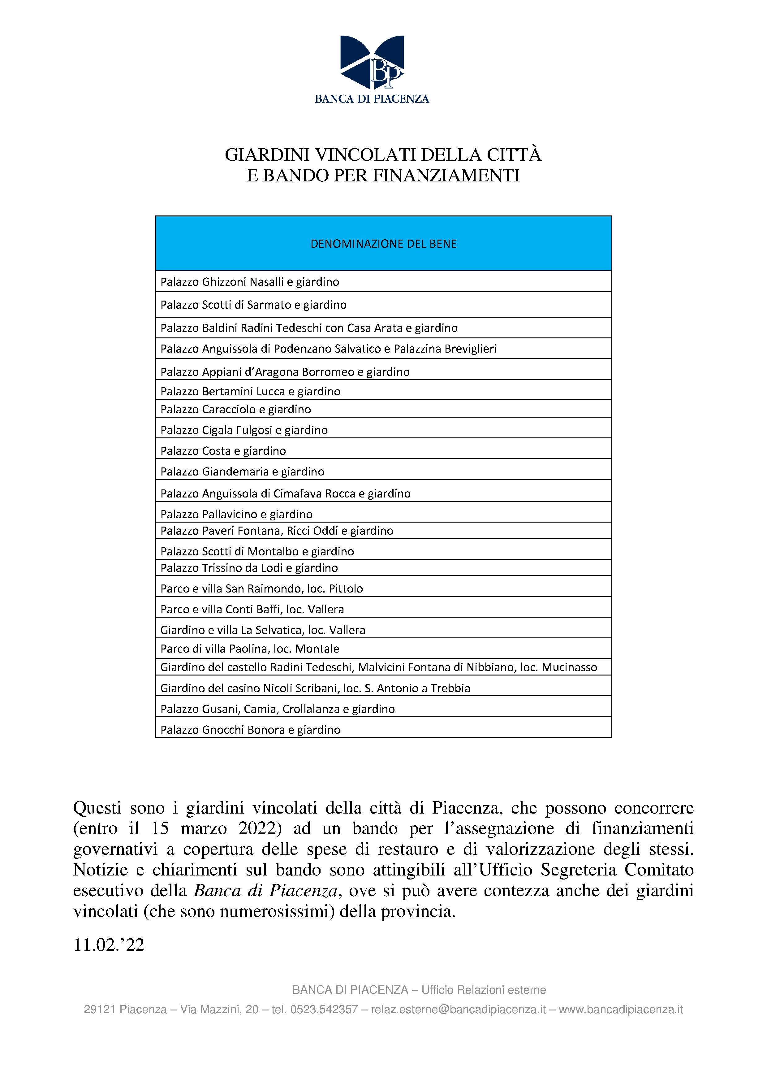GIARDINI VINCOLATI DELLA CITTÀ E BANDO PER FINANZIAMENTI