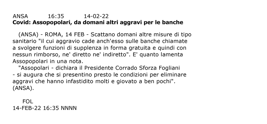 COVID: ASSOPOPOLARI, DA DOMANI ALTRI AGGRAVI PER LE BANCHE