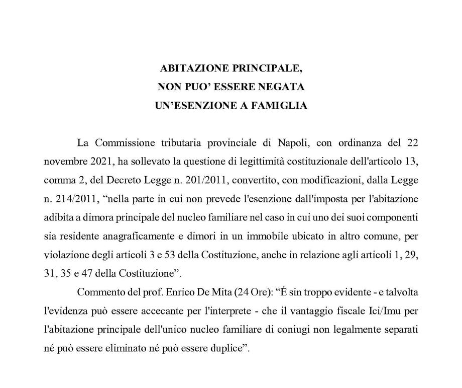 ABITAZIONE PRINCIPALE, NON PUO' ESSERE NEGATA UN'ESENZIONE A FAMIGLIA