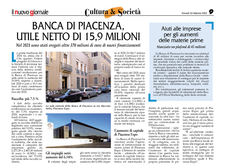 BANCA DI PIACENZA, UTILE NETTO DI 15,9 MILIONI