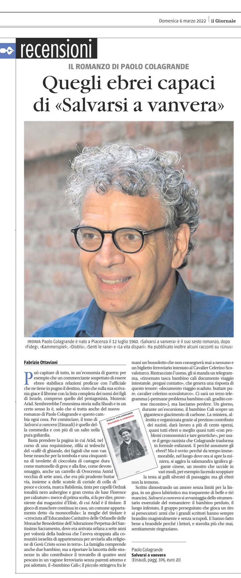 L'ULTIMO ROMANZO DEL PIACENTINO PAOLO COLAGRANDE RECENSITO DA "IL GIORNALE"