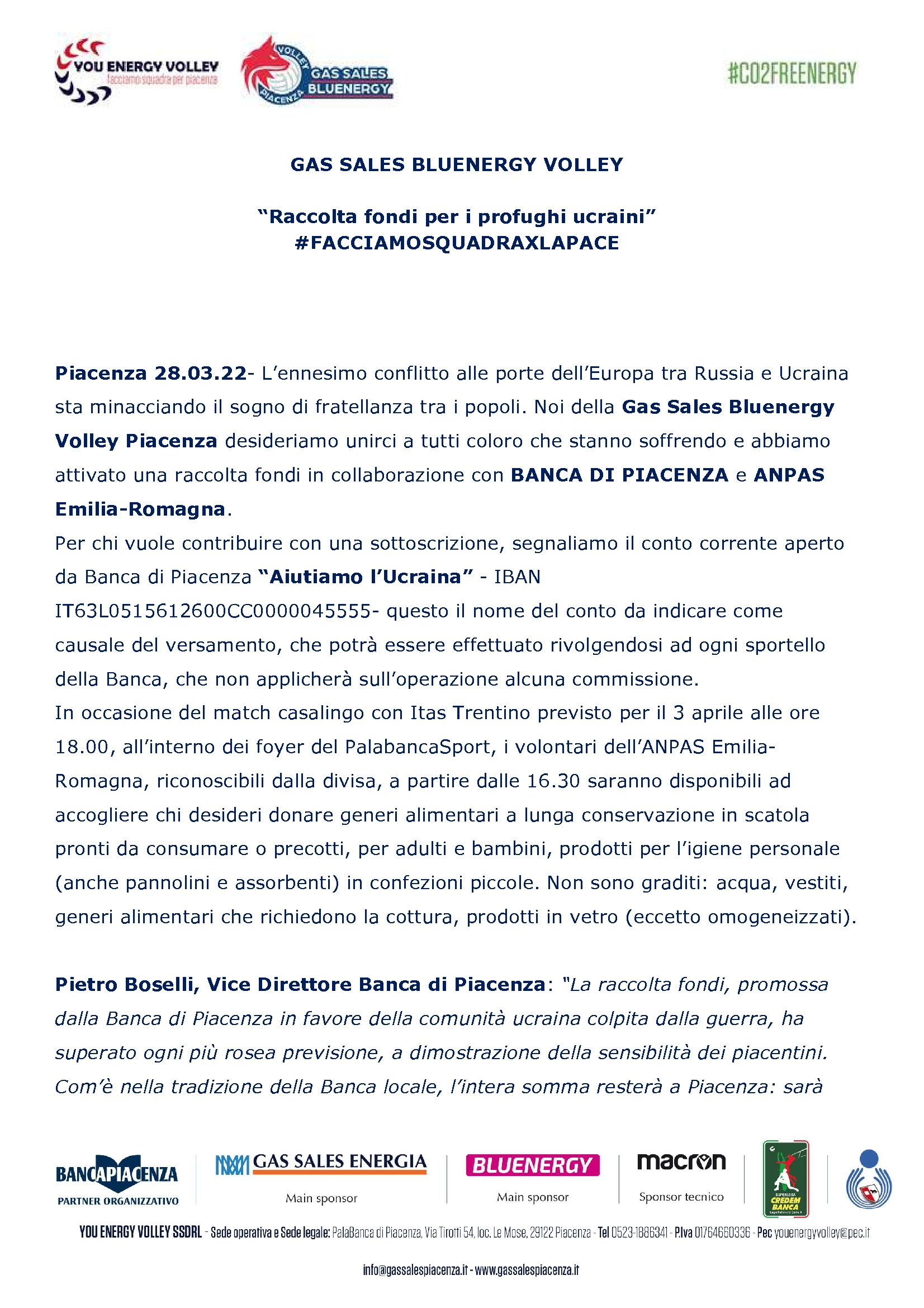BANCA DI PIACENZA ANCHE CON LA RACCOLTA FONDI DI GAS SALES