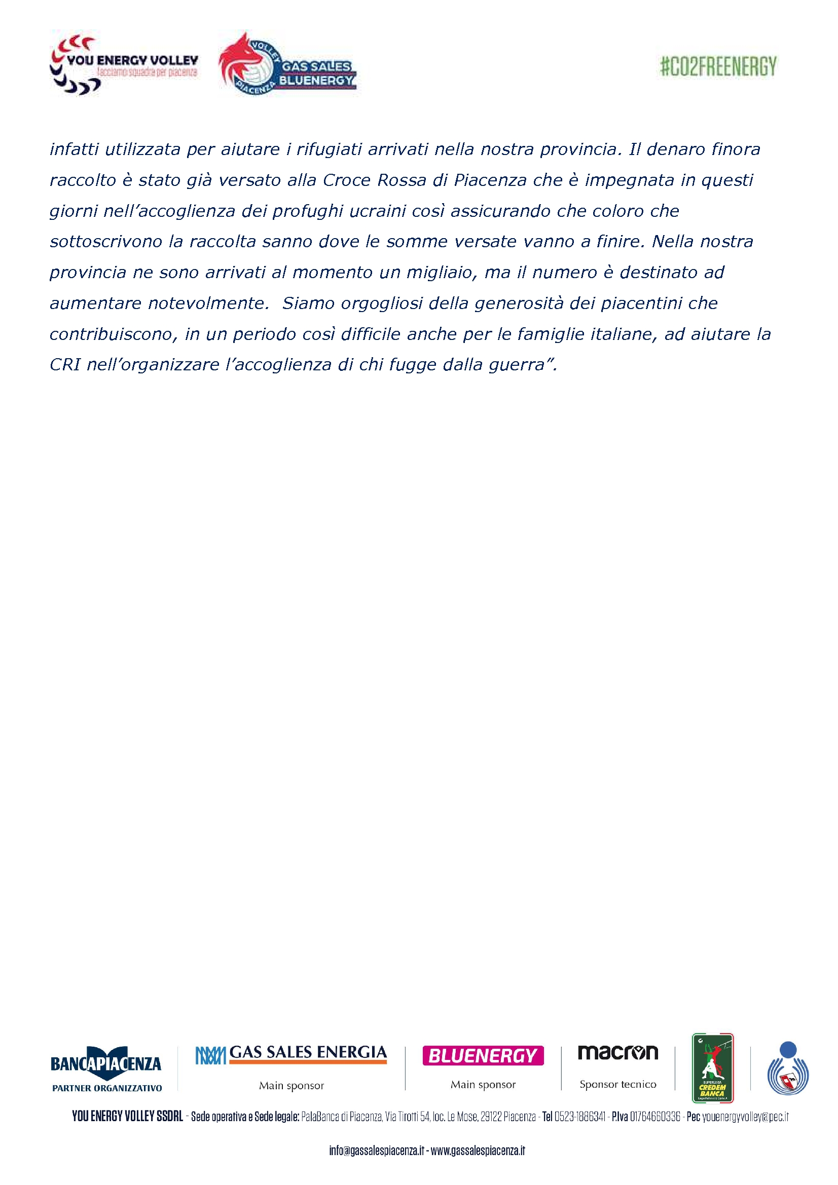 BANCA DI PIACENZA ANCHE CON LA RACCOLTA FONDI DI GAS SALES
