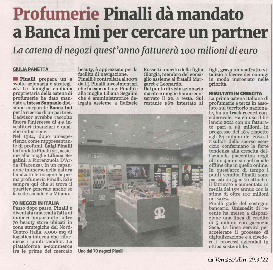 PROFUMERIE PINALLI Dà MANDATO A BANCA IMI PER CERCARE UN PARTNER