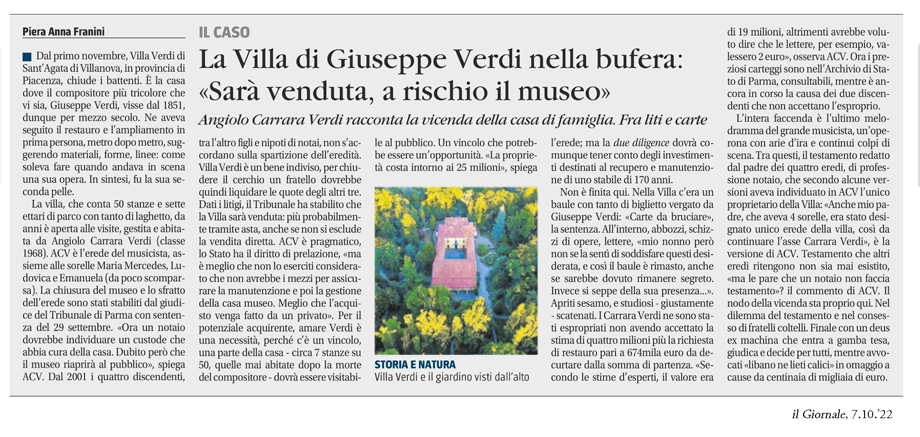 LA VILLA DI GIUSEPPE VERDI NELLA BUFERA: «SARÀ VENDUTA, A RISCHIO IL MUSEO»