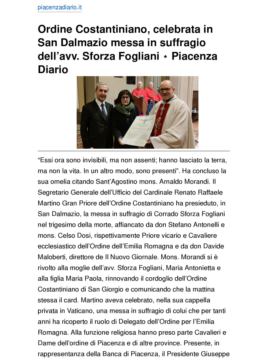 ORDINE COSTANTINIANO, CELEBRATA IN SAN DALMAZIO MESSA IN SUFFRAGIO DELL'AVV. SFORZA FOGLIANI