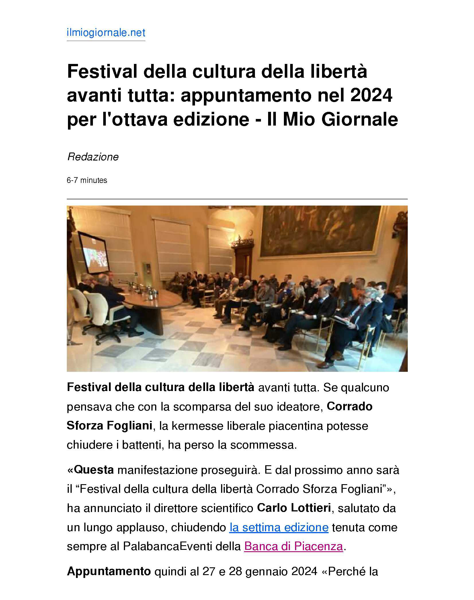 "IL FESTIVAL DELLA CULTURA DELLA LIBERTà CORRADO SFORZA FOGLIANI"