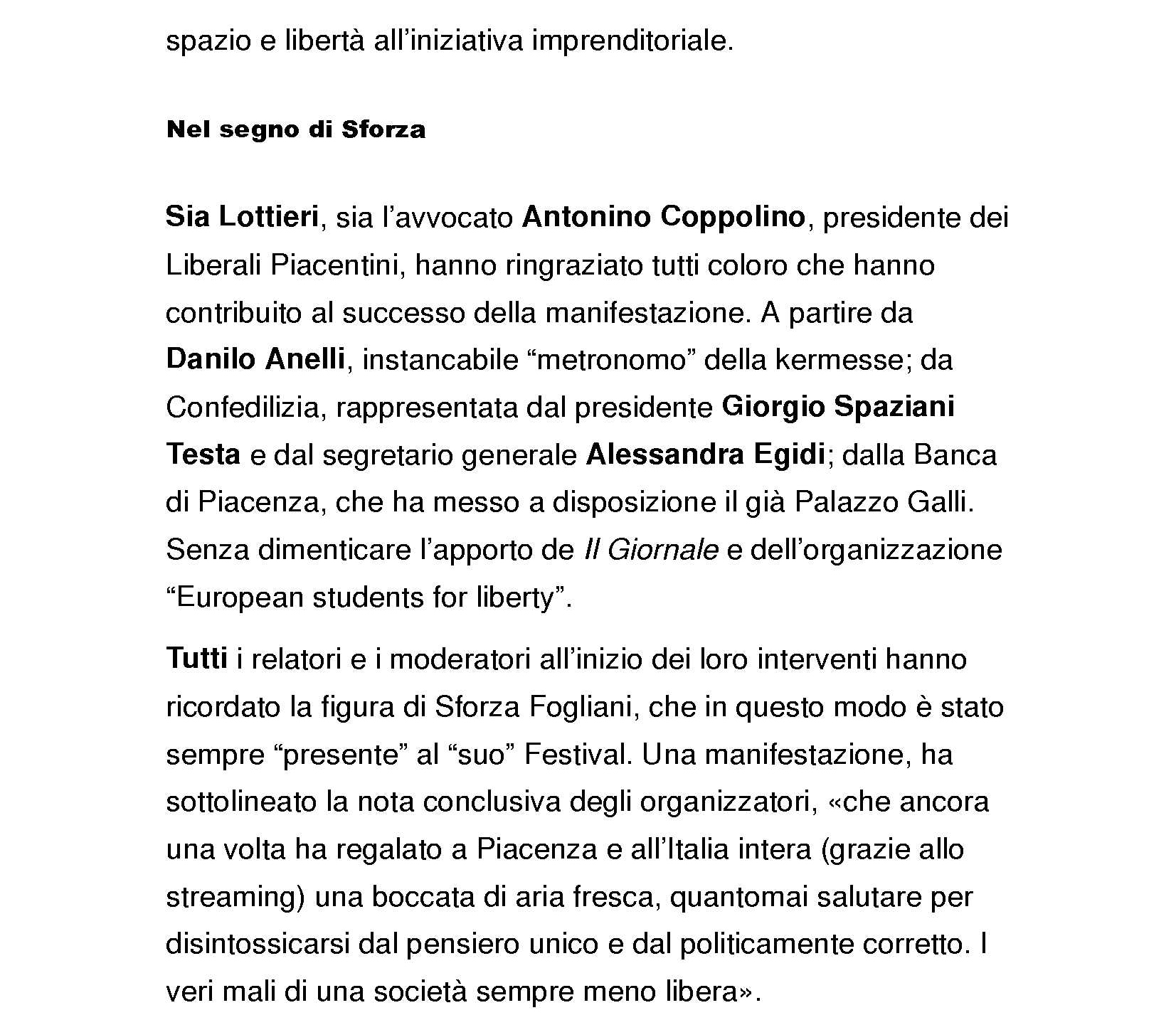 "IL FESTIVAL DELLA CULTURA DELLA LIBERTà CORRADO SFORZA FOGLIANI"