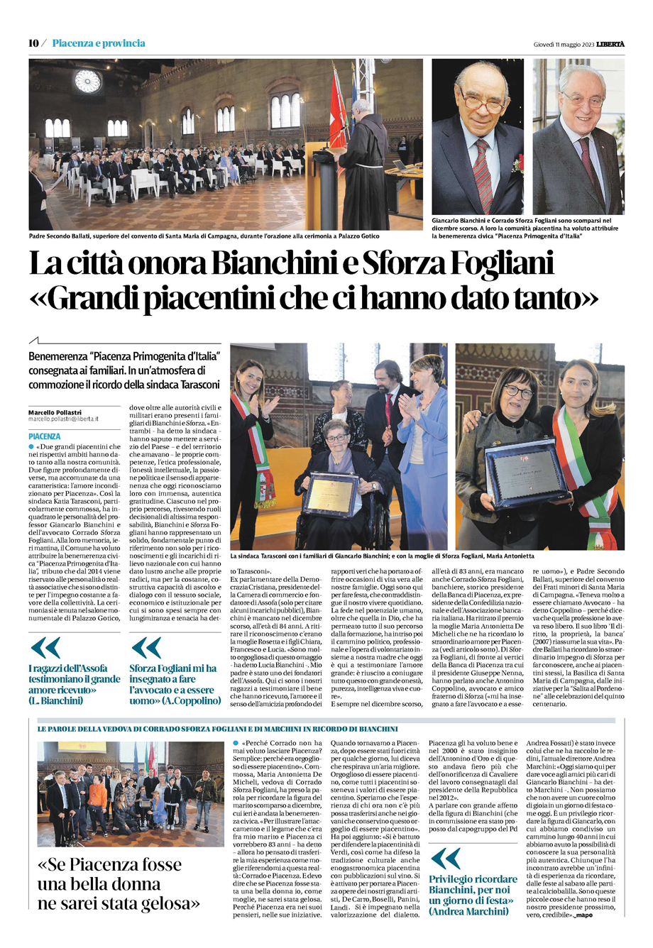 "PIACENZA PRIMOGENITA D'ITALIA" LA BENEMERENZA CIVICA IN MEMORIA DEL PRESIDENTE CORRADO SFORZA FOGLI