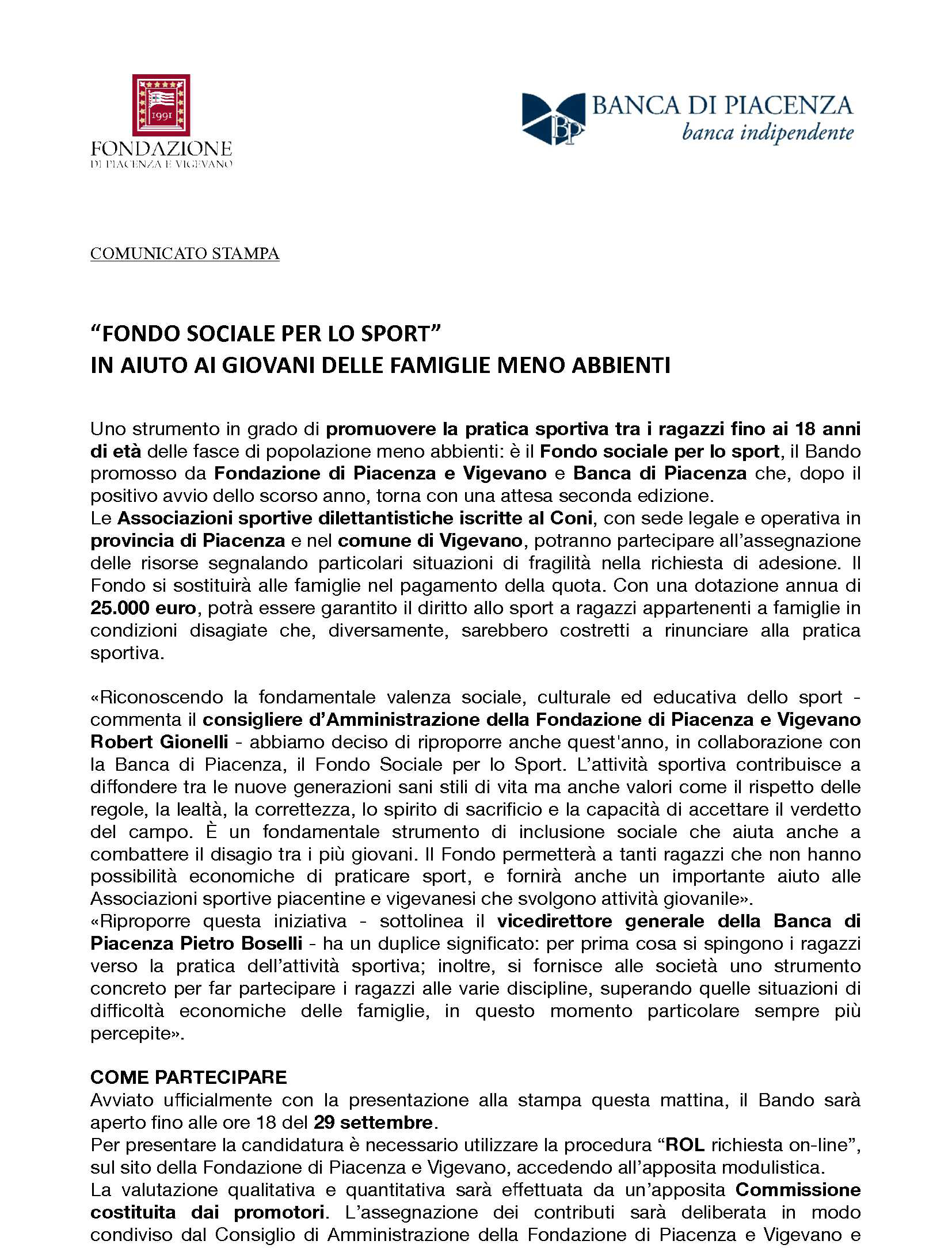 "FONDO SOCIALE SPORT" FONDAZIONE E BANCA PER IL SECONDO ANNO IN AIUTO ALLE FAMIGLIE
