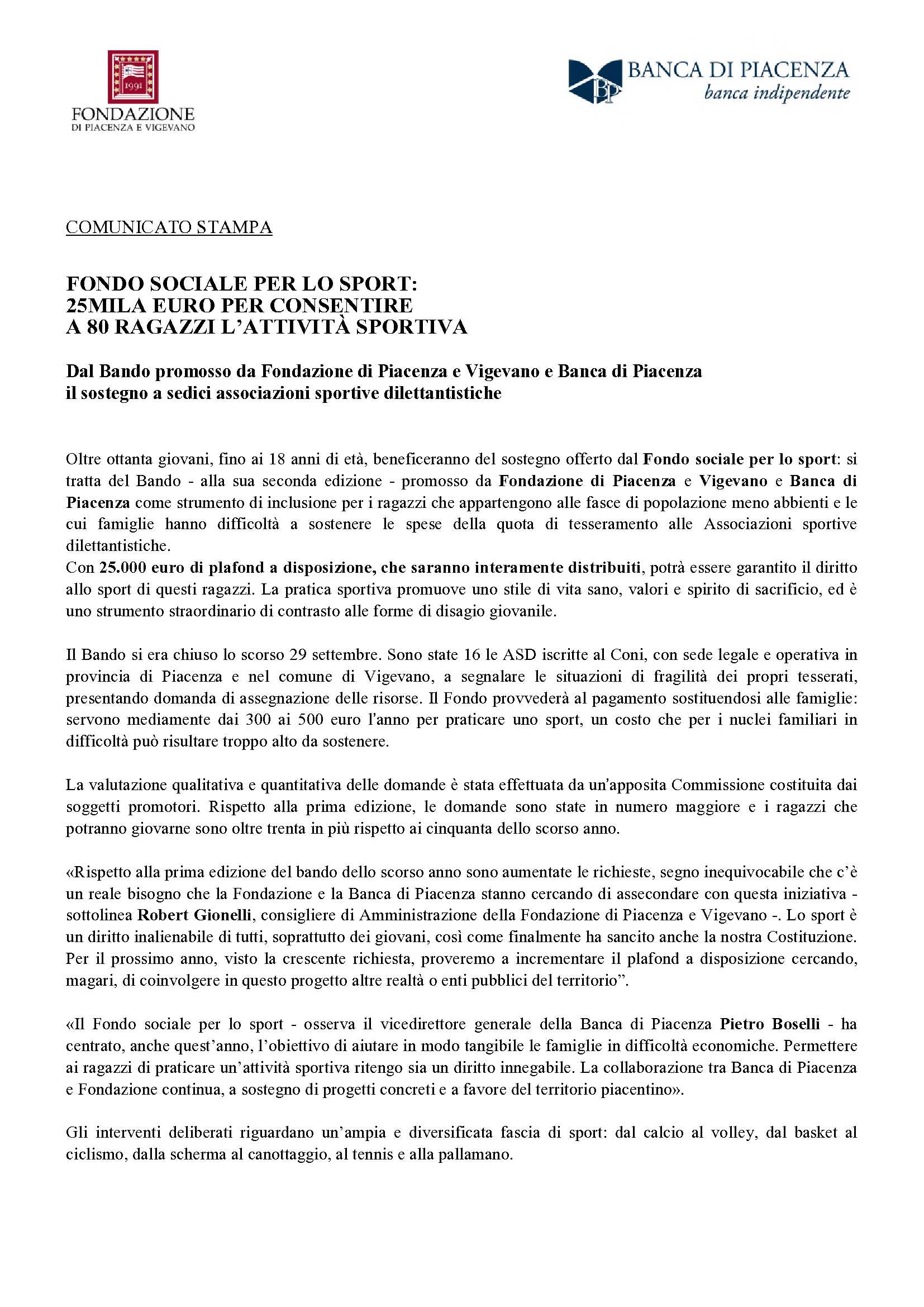 DA BANCA E FONDAZIONE SOSTEGNO ECONOMICO A 80 GIOVANI SPORTIVI