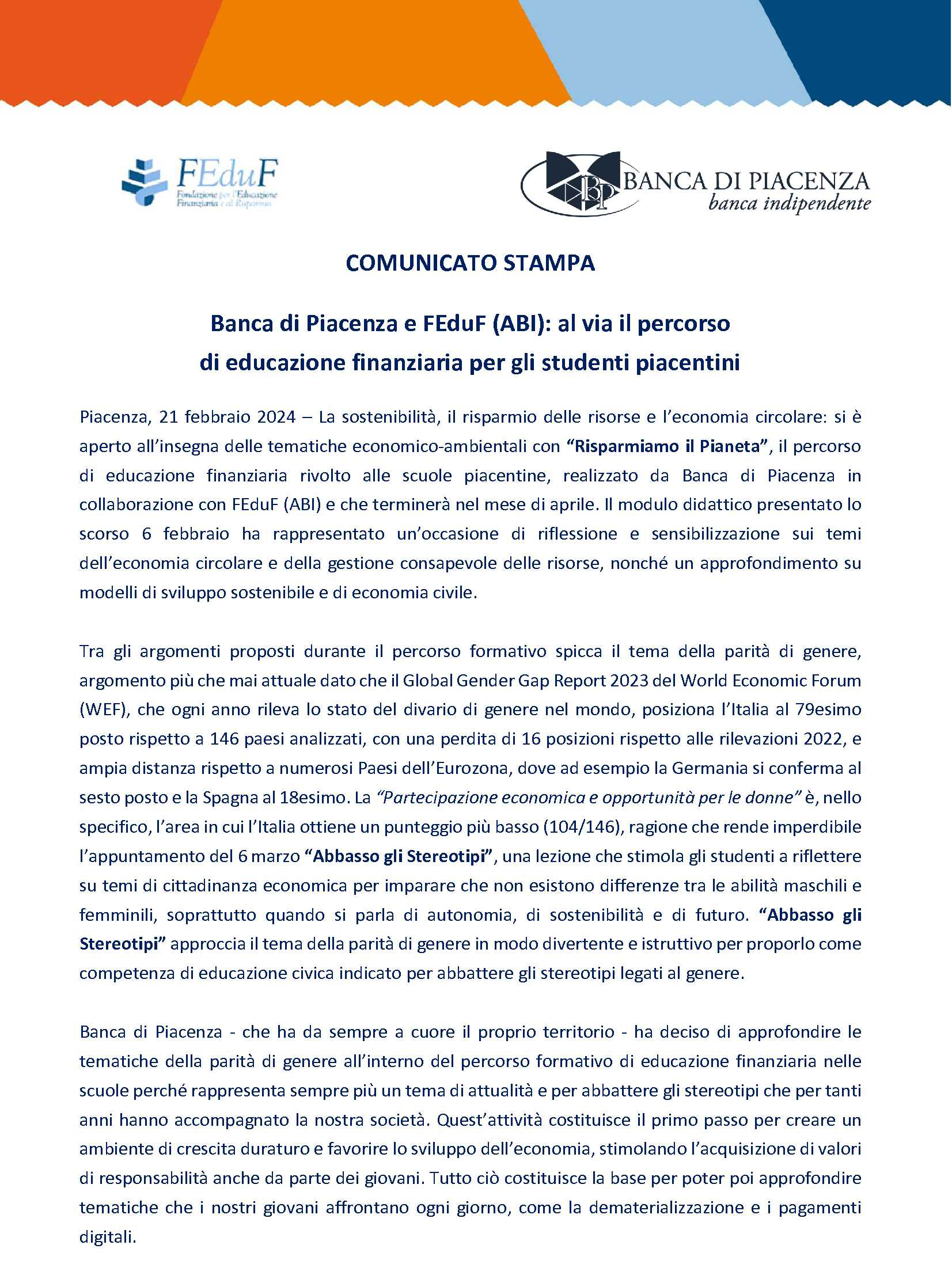 Banca di Piacenza e FEduF (ABI): al via il percorso di educazione finanziaria per gli studenti piace