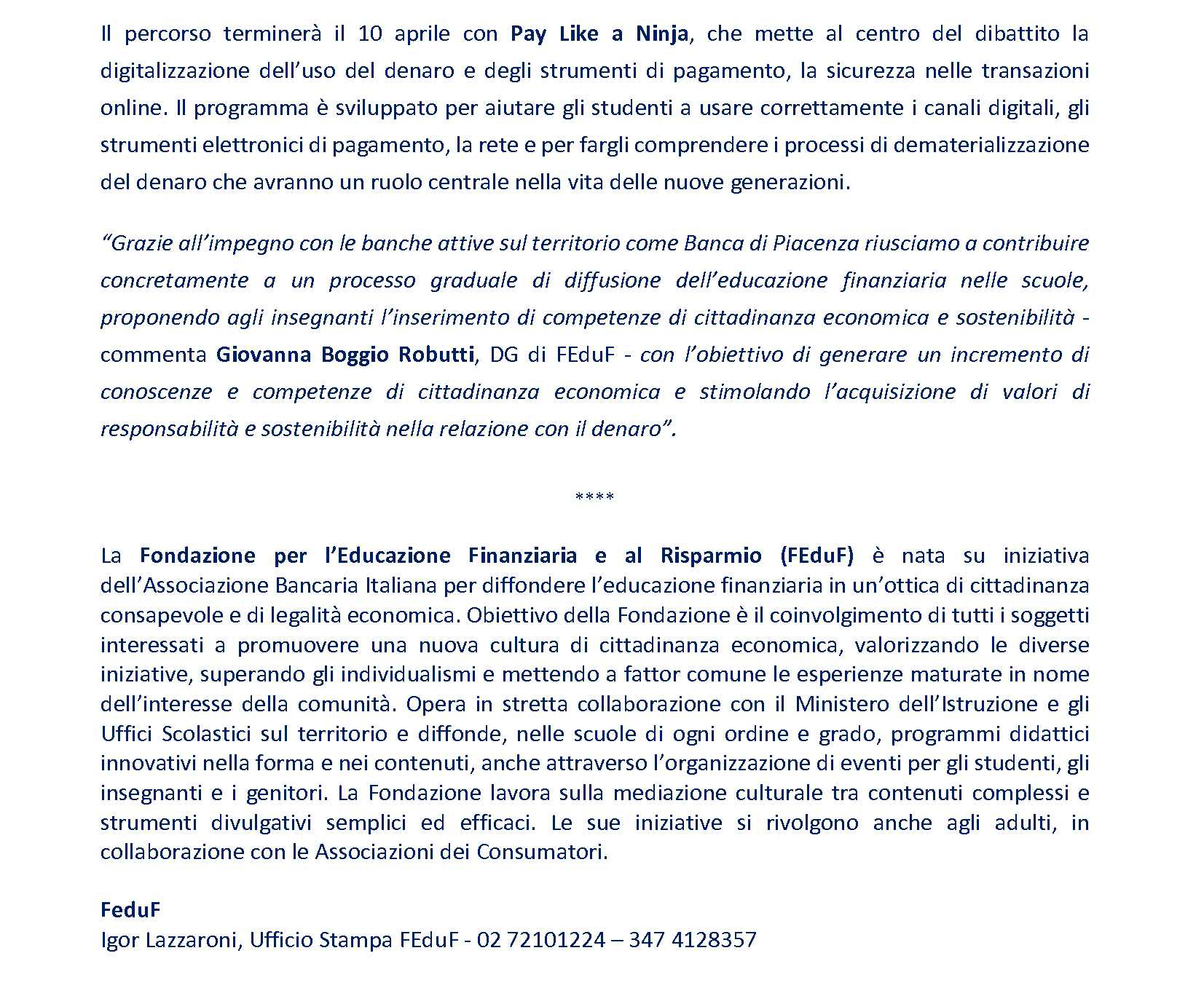 Banca di Piacenza e FEduF (ABI): al via il percorso di educazione finanziaria per gli studenti piace