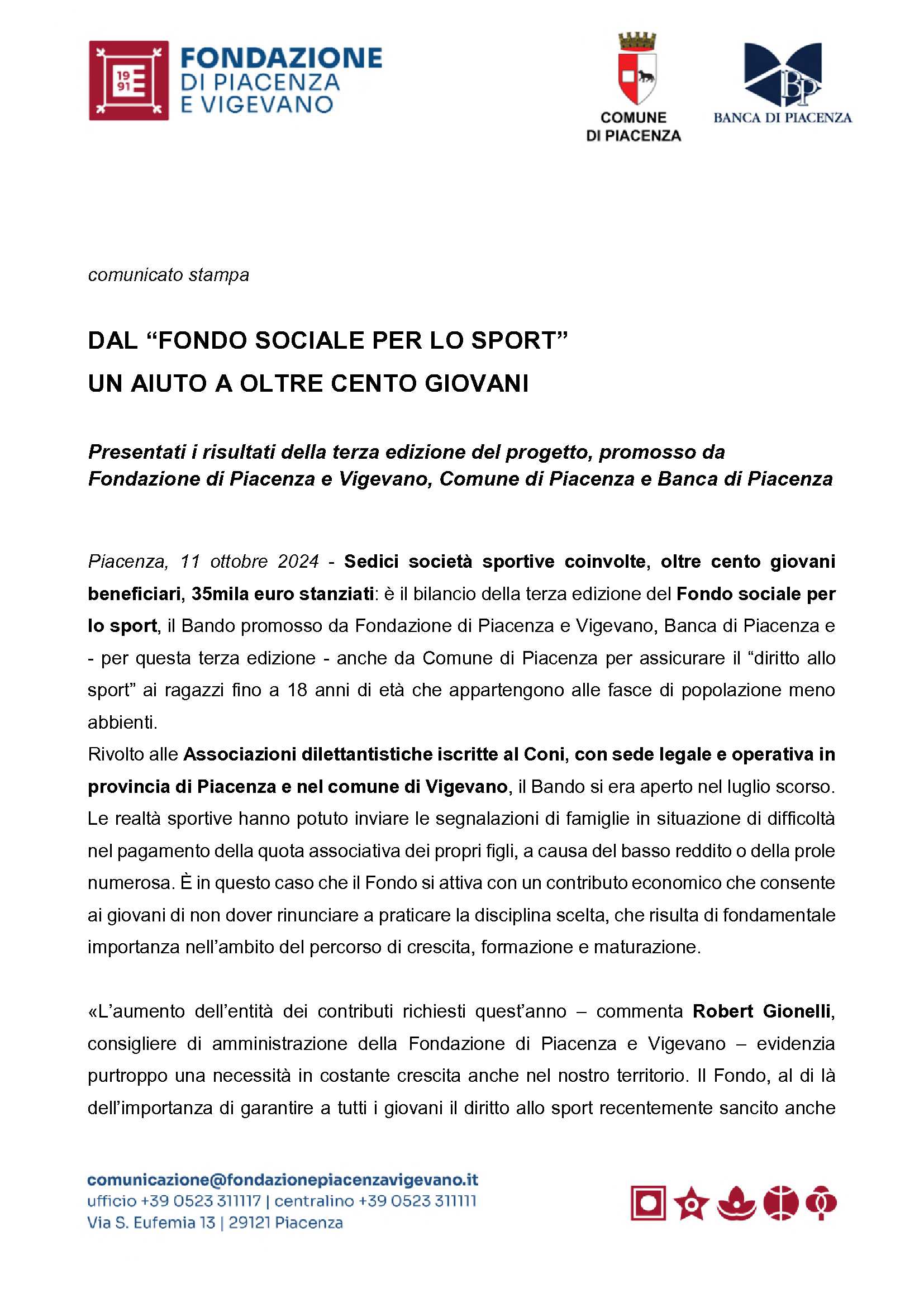 DAL FONDO SOCIALE PER LO SPORT  UN AIUTO A OLTRE CENTO GIOVANI