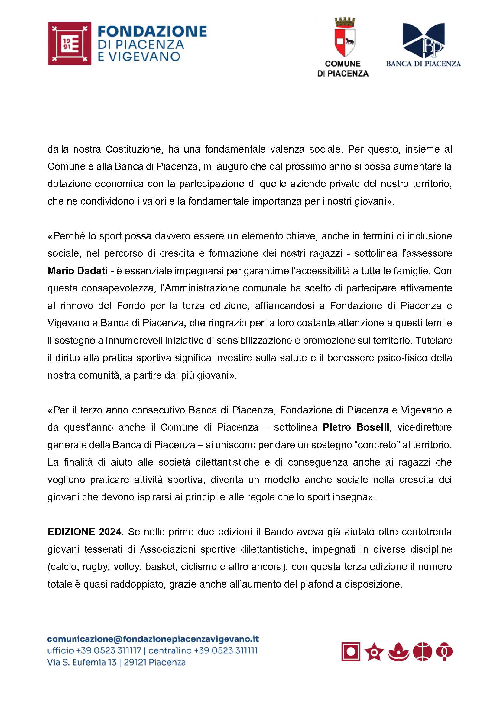 DAL FONDO SOCIALE PER LO SPORT  UN AIUTO A OLTRE CENTO GIOVANI